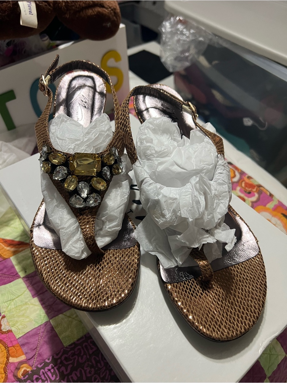 Midnight Velvet Bronze Jeweled Thong Sandals
